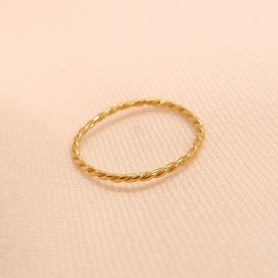 Solid Gold Thin Twist Ring | 24k, 22k, 18k, 14k, 9k Pure Yellow Gold | Women's Gold Stacker Ring | Handmade Natural Minimalist Jewellery |