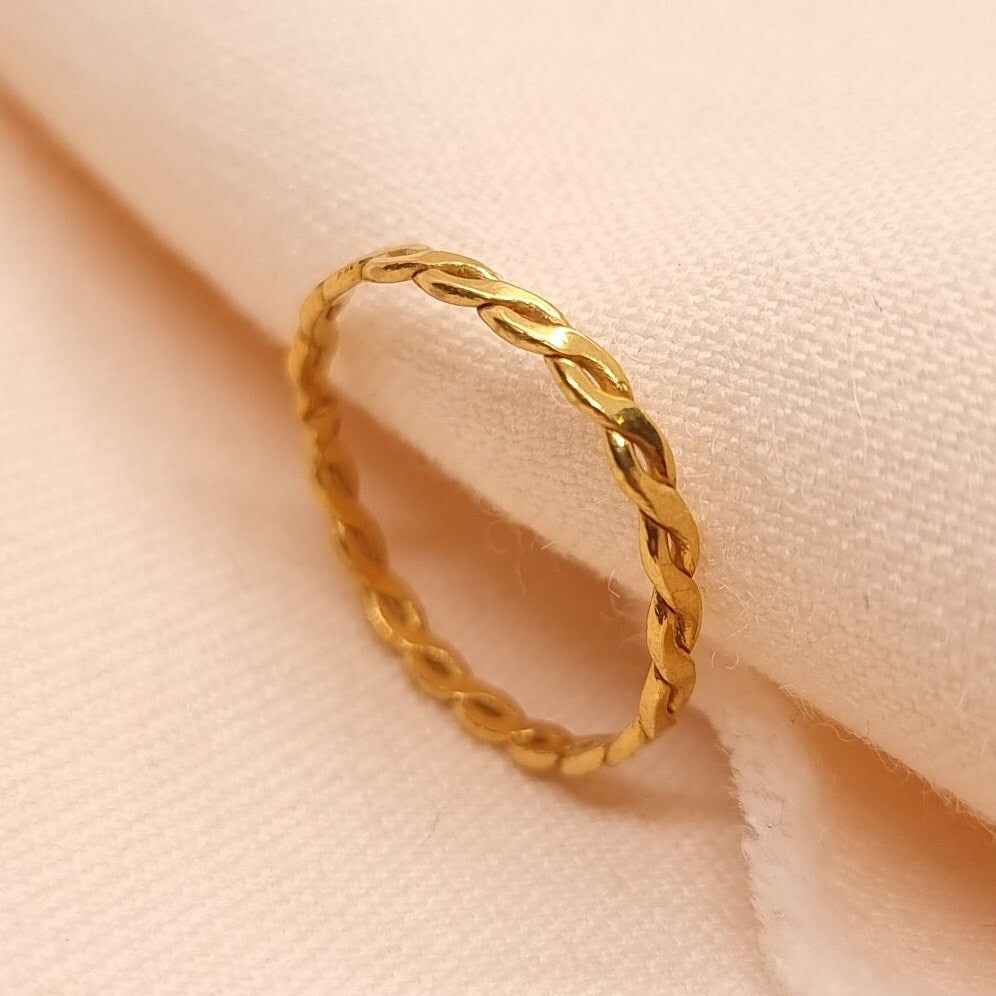 Solid Gold Flat Twist Ring | 24k, 22k, 18k, 14k, 9k Pure Yellow Gold | Unisex Gold Stacker Ring, Handmade Natural Minimalist Jewellery