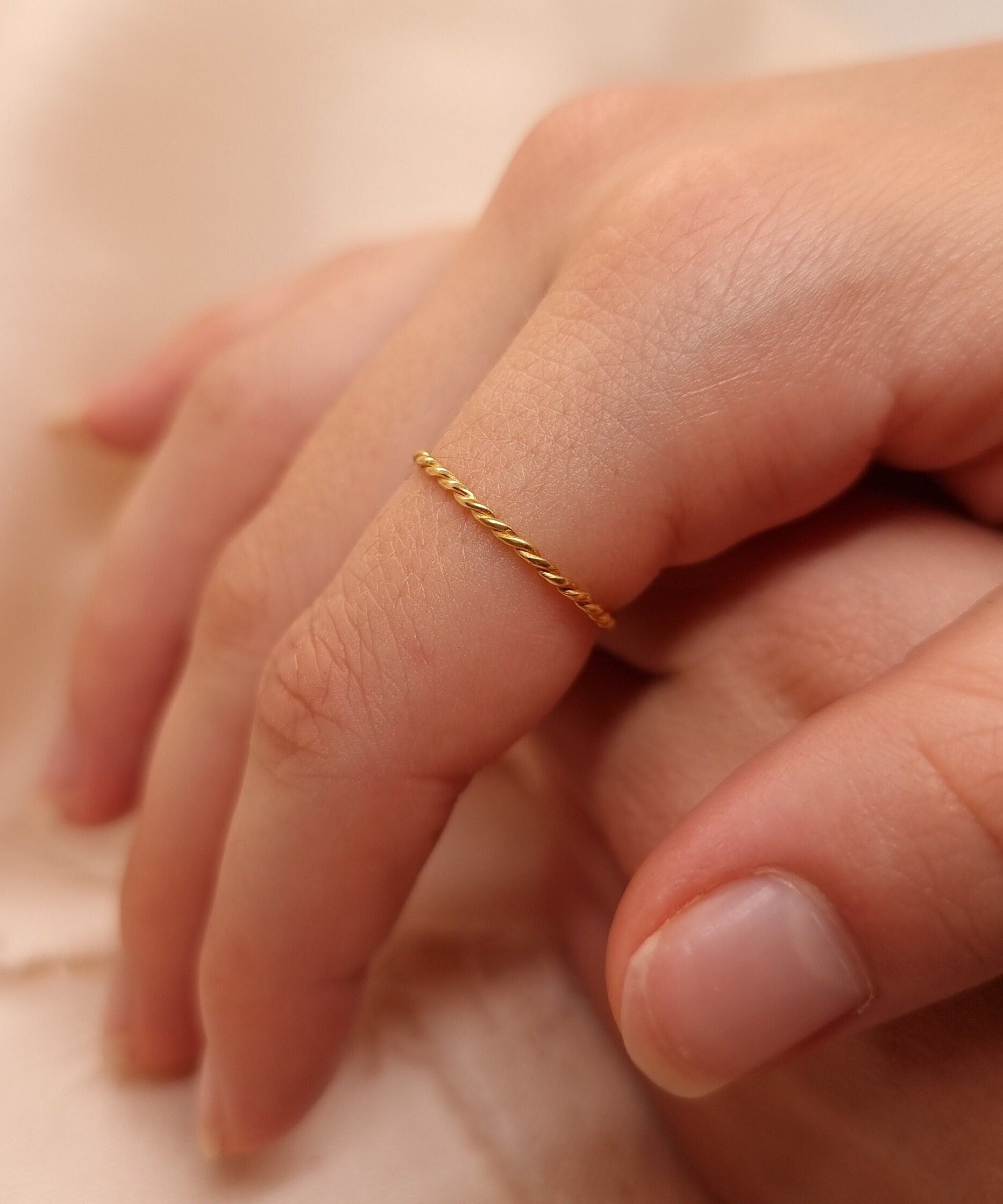 Solid Gold Thin Twist Ring | 24k, 22k, 18k, 14k, 9k Pure Yellow Gold | Women's Gold Stacker Ring | Handmade Natural Minimalist Jewellery |